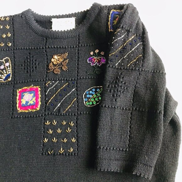Susan Bristol Vintage Hand Embroidered Bead Wool Top Womens Size Small Black - Picture 5 of 9